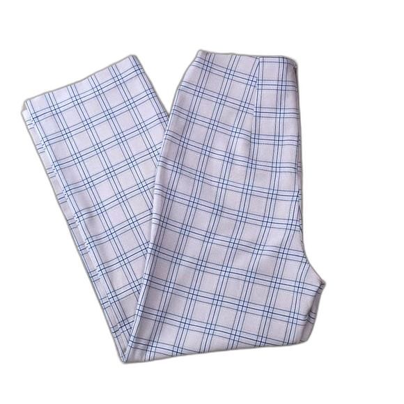Womens Dress Pants Small Plaid Beige Blue Cropped Capris Preppy Casual Slacks - Picture 1 of 14